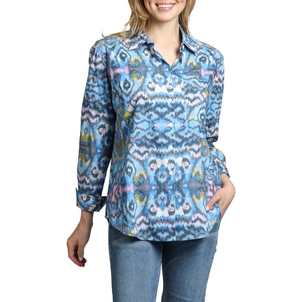 APNY Blue Ikat Print Button Front Cotton Blouse Boho Lightweight Shirt NWT | XXL